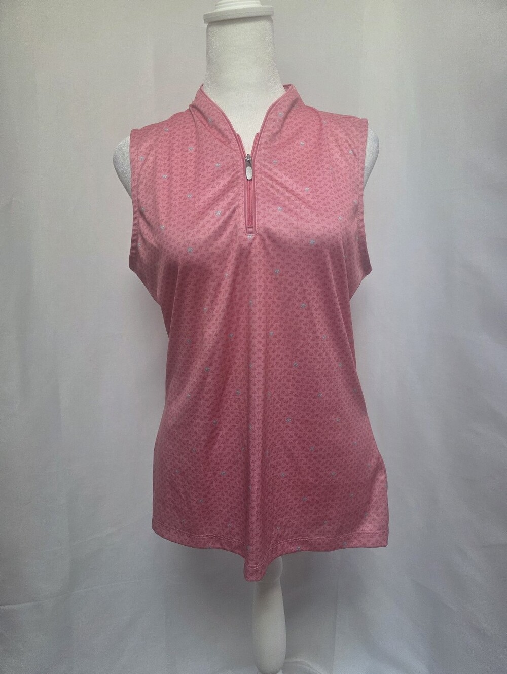 Greg Norman PlayDry Women's Pink Palm Print Sleeveless 1/4 Zip Top M